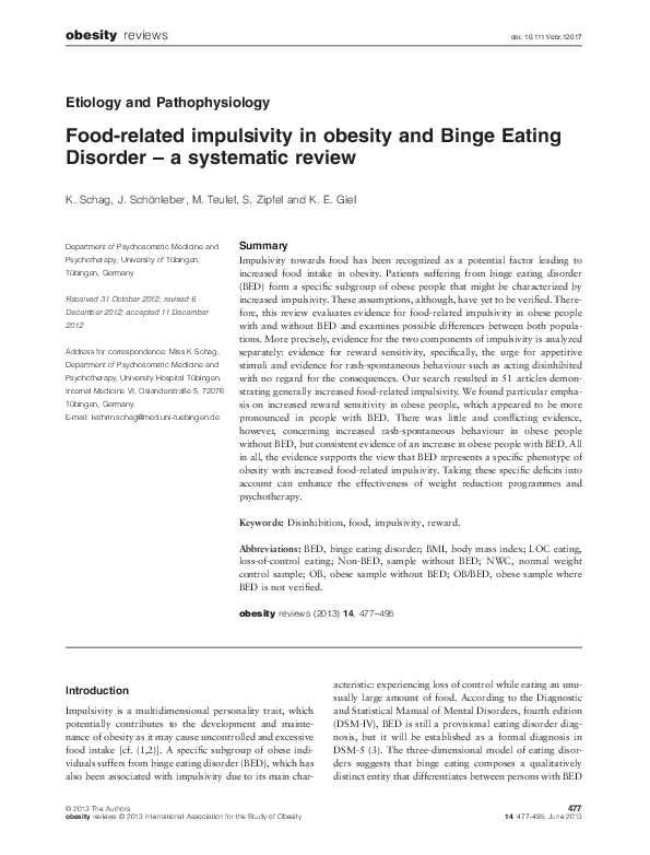 (PDF) Food-related impulsivity in obesity and Binge Eating Disorder - a ...