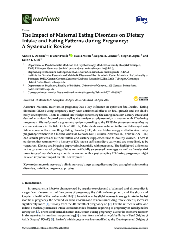 (PDF) The Impact of Maternal Eating Disorders on Dietary Intake and ...