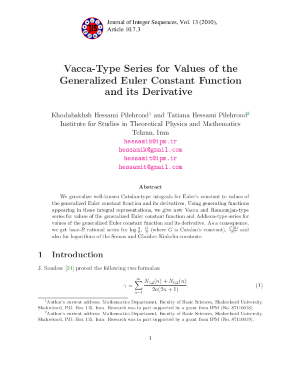 PDF) Vacca-Type Series for Values of the Generalized Euler