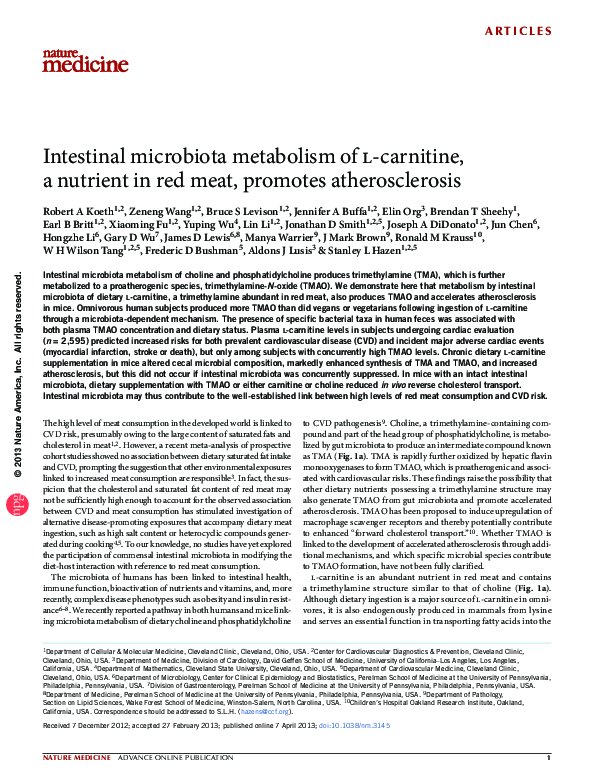 (PDF) Intestinal microbiota metabolism of l-carnitine, a nutrient in ...