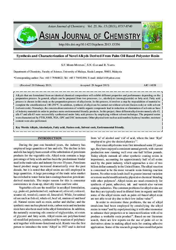 (PDF) Synthesis and Characterization of Novel Alkyds Derived From Palm ...