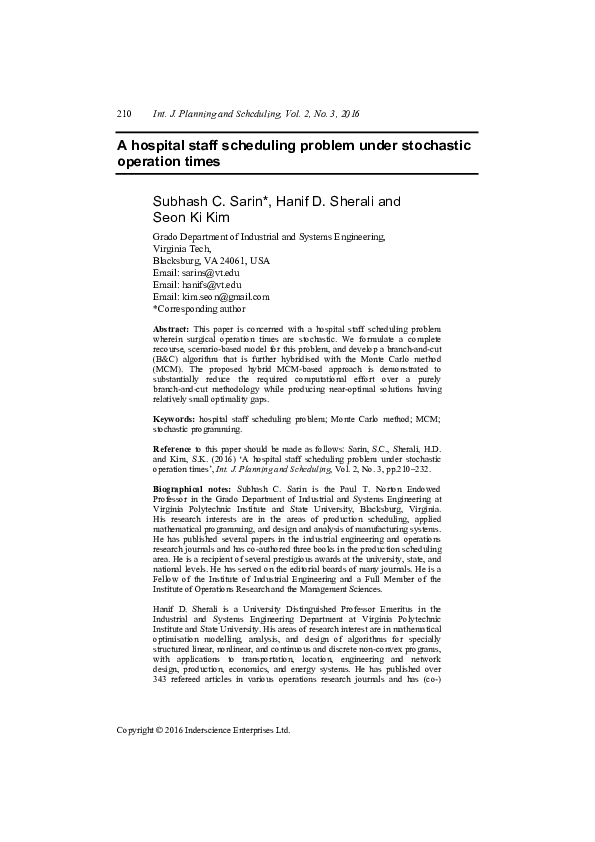 (PDF) A hospital staff scheduling problem under stochastic operation times