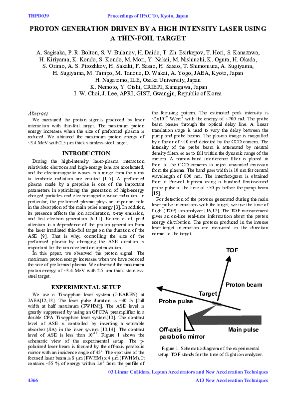 (PDF) Proton Generation Driven by a High Intensity Laser Using a Thin ...