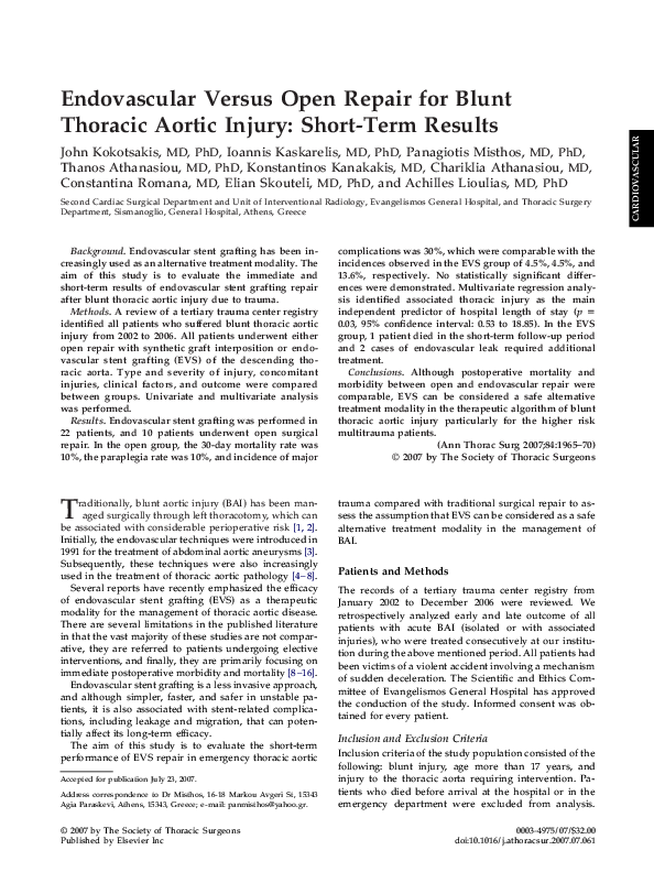 (PDF) Endovascular Versus Open Repair for Blunt Thoracic Aortic Injury ...