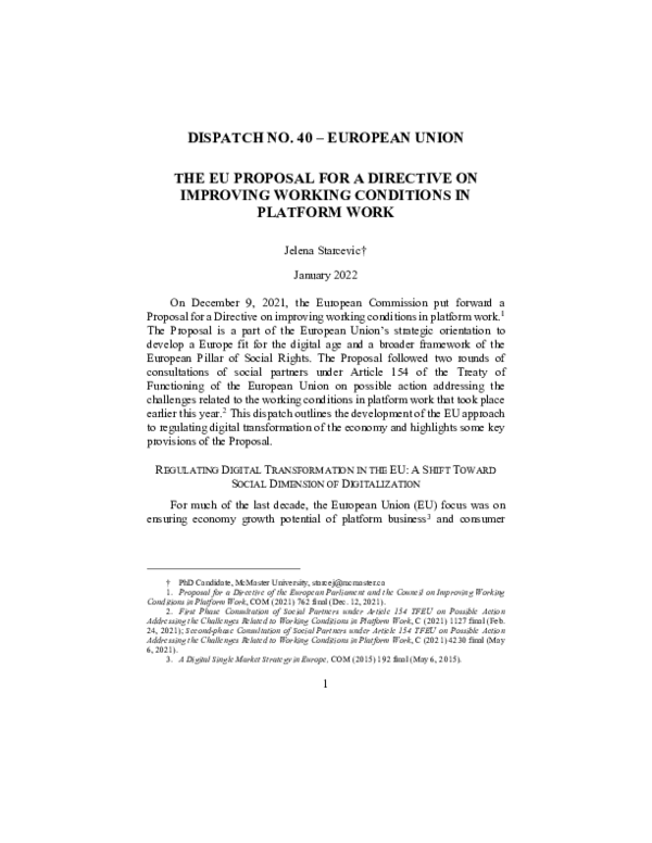 (PDF) DISPATCH NO. 40 -EUROPEAN UNION THE EU PROPOSAL FOR A DIRECTIVE ...
