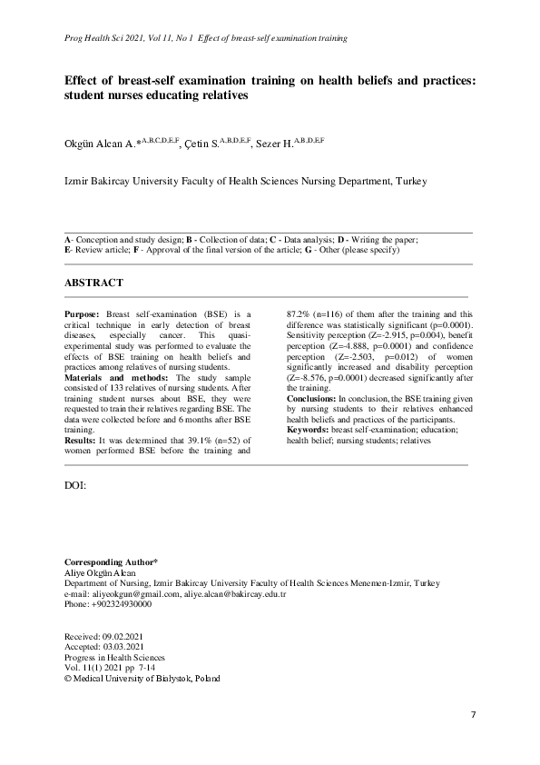 (PDF) Effect of breast-self examination training on health beliefs and ...