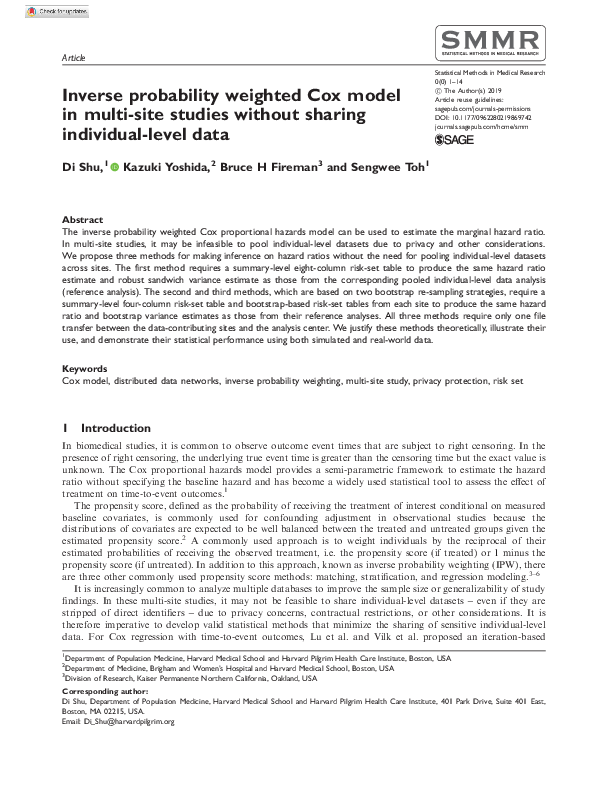 (PDF) Inverse probability weighted Cox model in multi-site studies ...