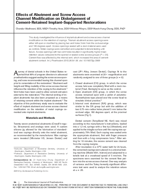 (PDF) Effects of Abutment and Screw Access Channel Modification on ...