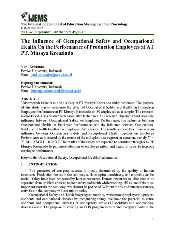 (PDF) Influence of Occupational Safety and Occupational Health On the ...