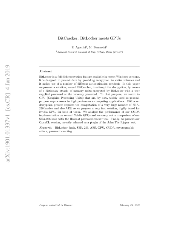 (PDF) BitCracker: BitLocker meets GPUs