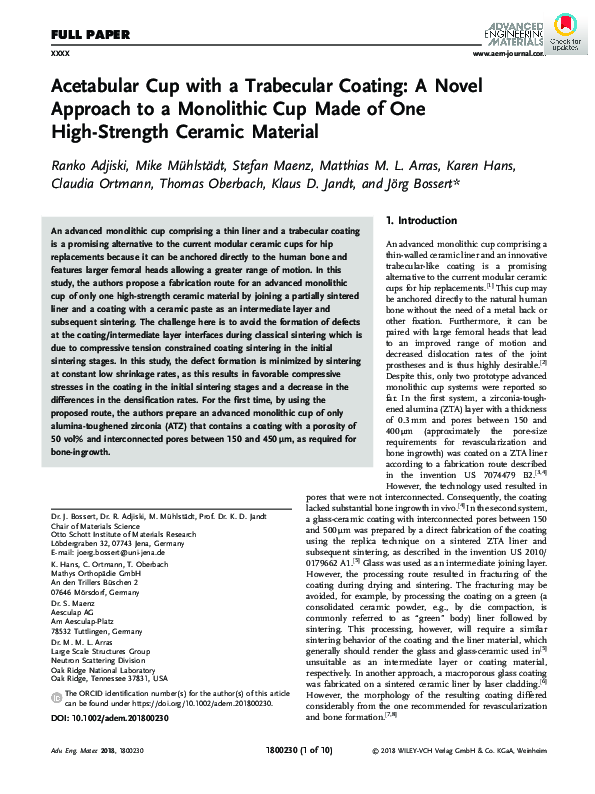 (PDF) Acetabular Cup with a Trabecular Coating: A Novel Approach to a ...