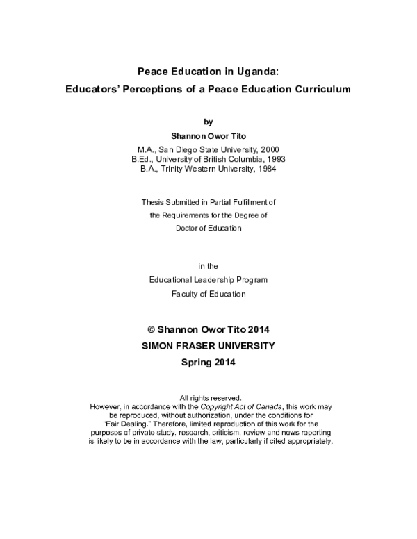 (PDF) Peace Education in Uganda: Educators' Perceptions of a Peace ...