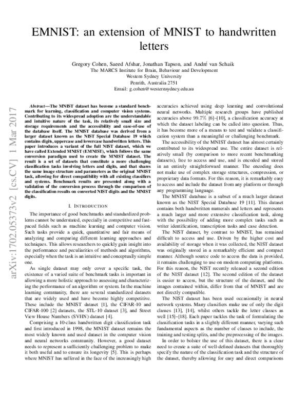 (PDF) EMNIST: an extension of MNIST to handwritten letters | André van ...
