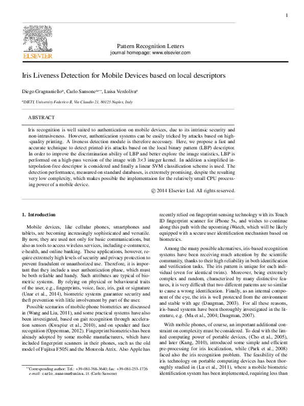 (PDF) Iris liveness detection for mobile devices based on local descriptors