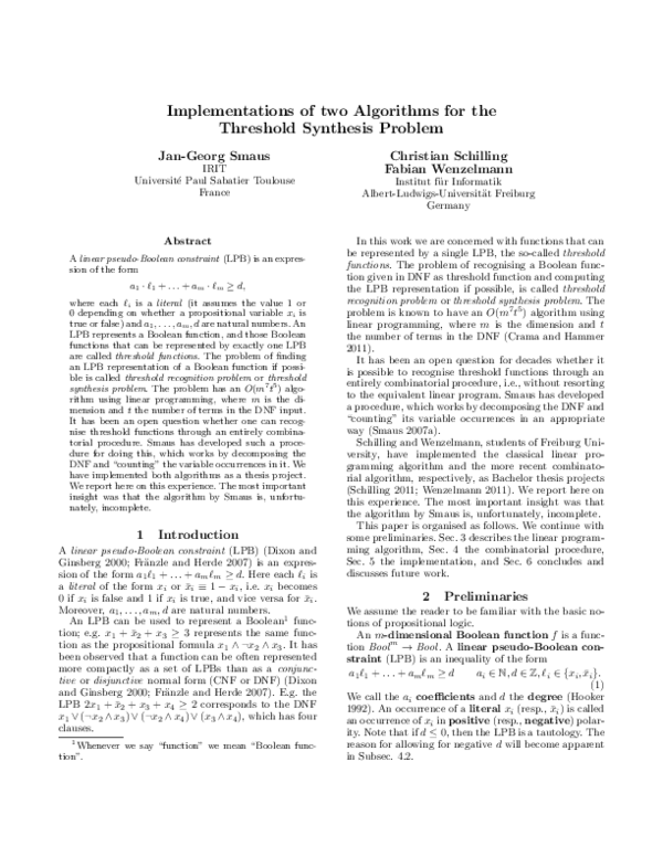 (PDF) Implementations of two algorithms for the threshold synthesis problem