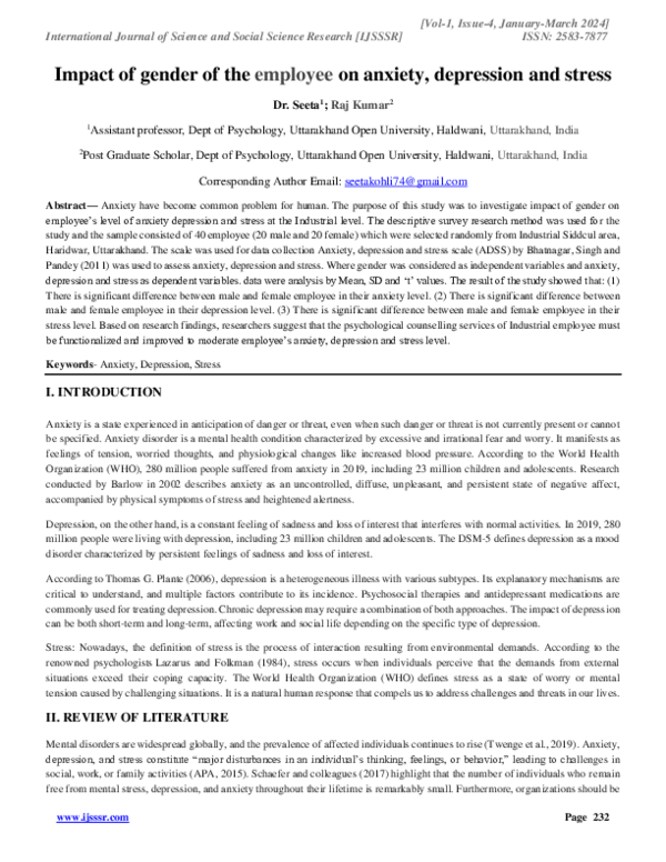 (PDF) Impact of gender of the employee on anxiety, depression and stress