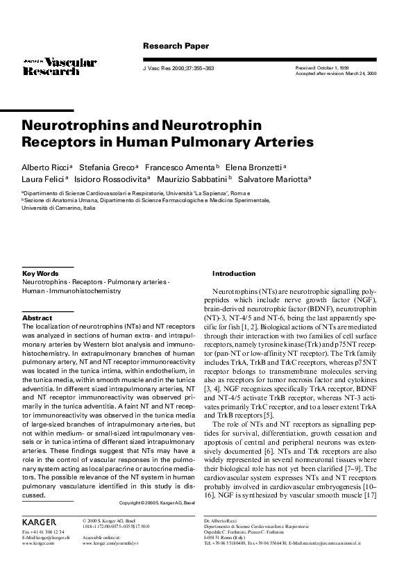 (PDF) Neurotrophins and Neurotrophin Receptors in Human Pulmonary Arteries