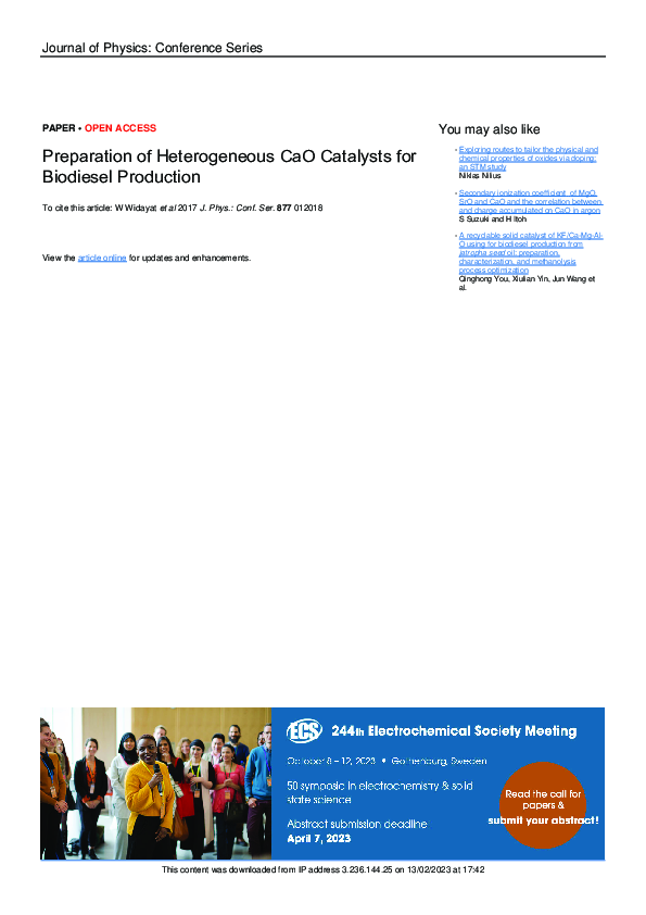 (PDF) Preparation of Heterogeneous CaO Catalysts for Biodiesel Production