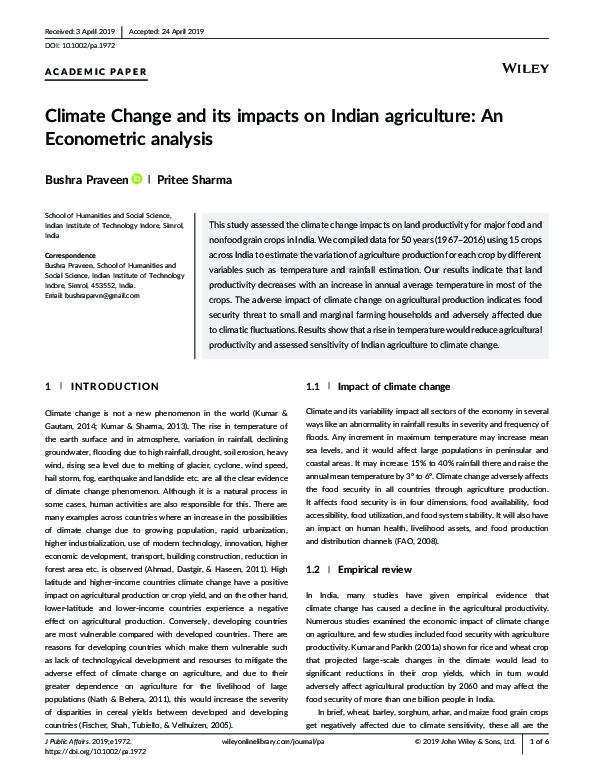(PDF) Climate Change and its impacts on Indian agriculture: An ...