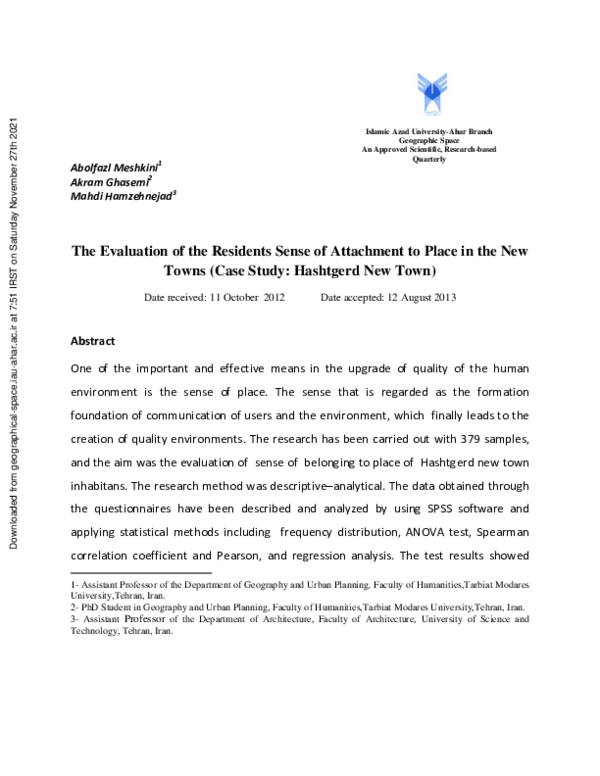 (PDF) The Evaluation of the Residents Sense of Attachment to Place in ...
