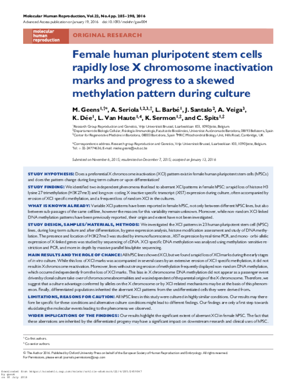 (PDF) Female human pluripotent stem cells rapidly lose X chromosome ...