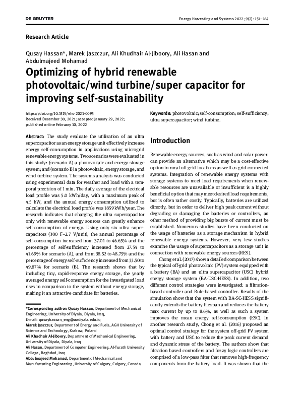 (PDF) Optimizing Hybrid PV/Wind Systems with Ultra Supercapacitors