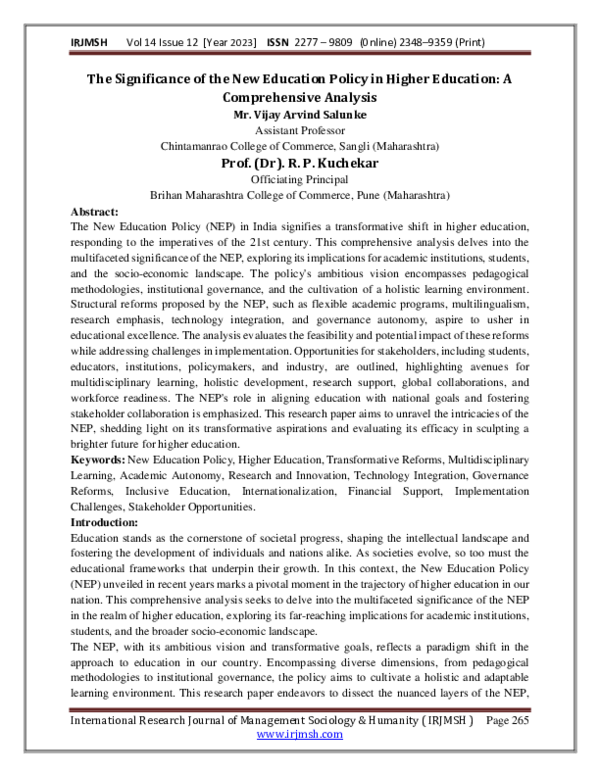 (PDF) The Significance of the New Education Policy in Higher Education ...