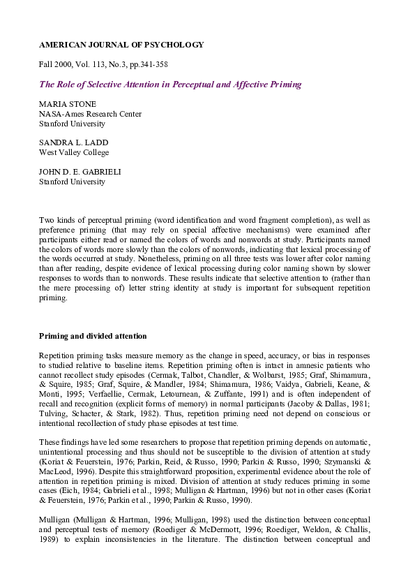 (PDF) The Role of Selective Attention in Perceptual and Affective Priming