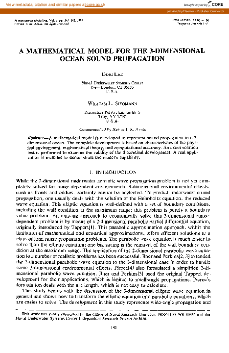 (PDF) A mathematical model for the 3-dimensional ocean sound propagation