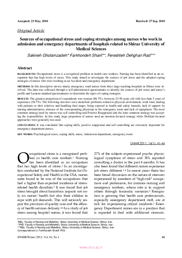 (PDF) Sources of occupational stress and coping strategies among nurses ...