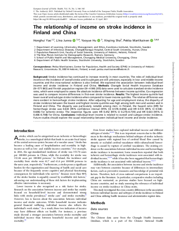 (PDF) The relationship of income on stroke incidence in Finland and China