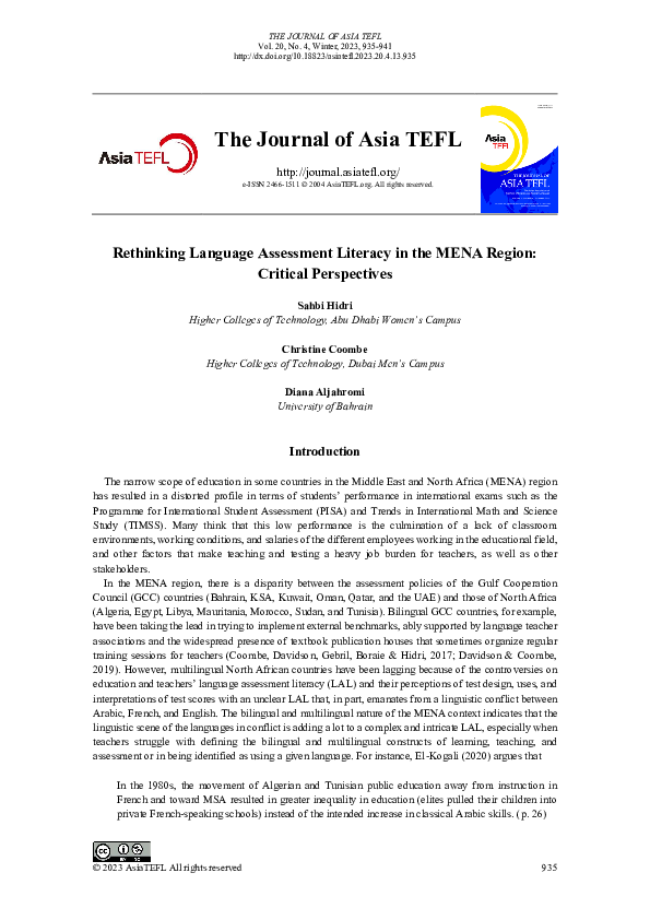 (PDF) Rethinking Language Assessment Literacy in the MENA Region ...