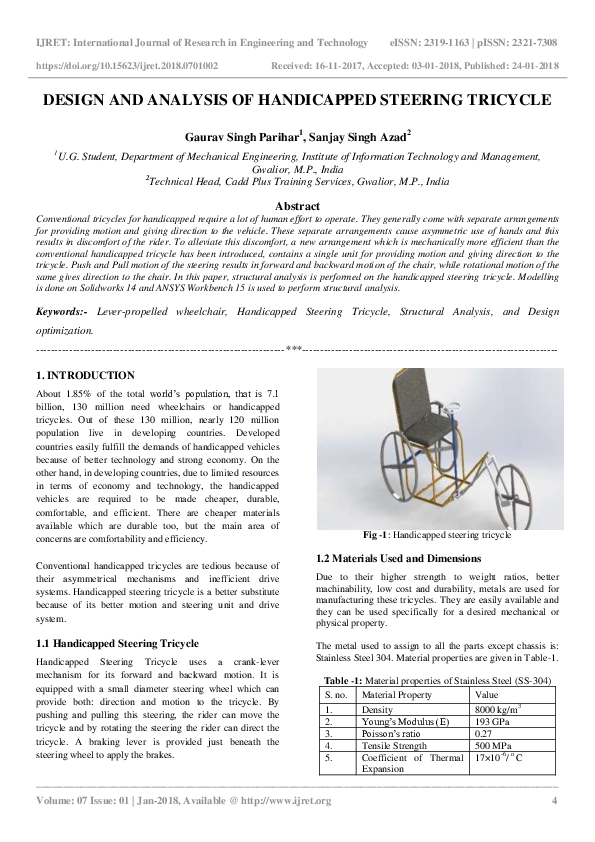(PDF) Design and Analysis of Handicapped Steering Tricycle