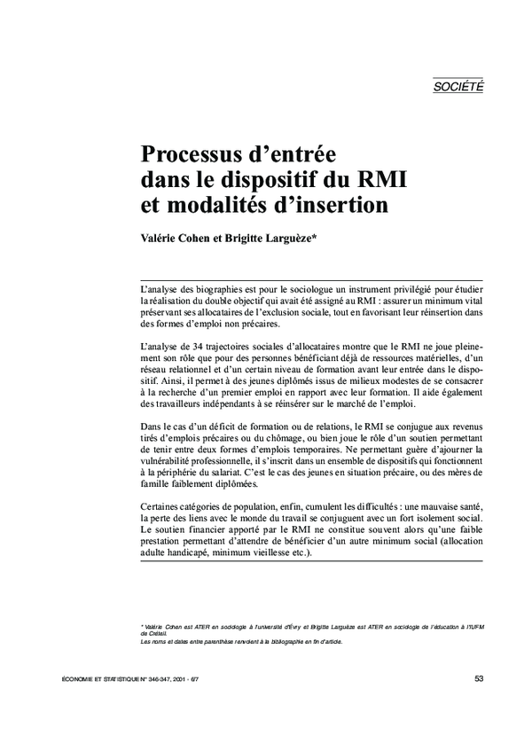 (PDF) Processus d'entrée dans le dispositif du RMI et modalités d'insertion