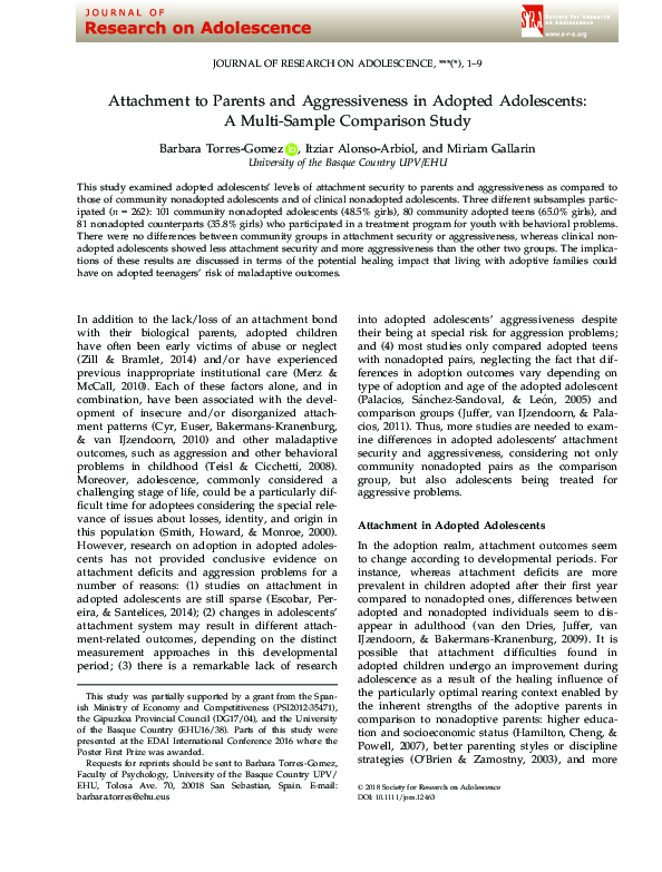 (PDF) Attachment to Parents and Aggressiveness in Adopted Adolescents ...