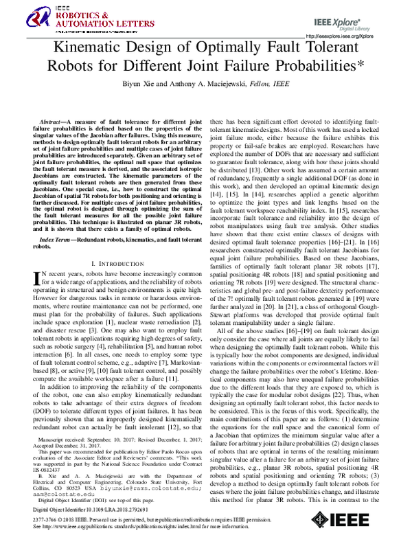 (PDF) Kinematic Design of Optimally Fault Tolerant Robots for Different ...