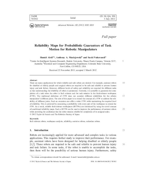 (PDF) Reliability maps for probabilistic guarantees of task motion for ...