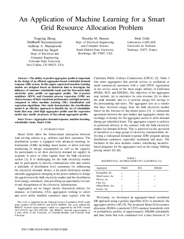 (PDF) An Application of Machine Learning for a Smart Grid Resource ...