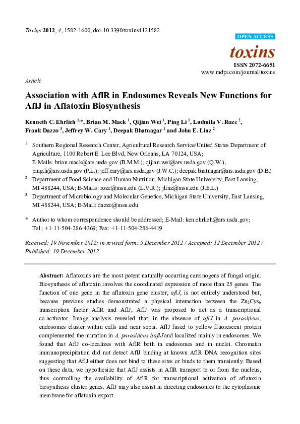 (PDF) Association with AflR in Endosomes Reveals New Functions for AflJ ...