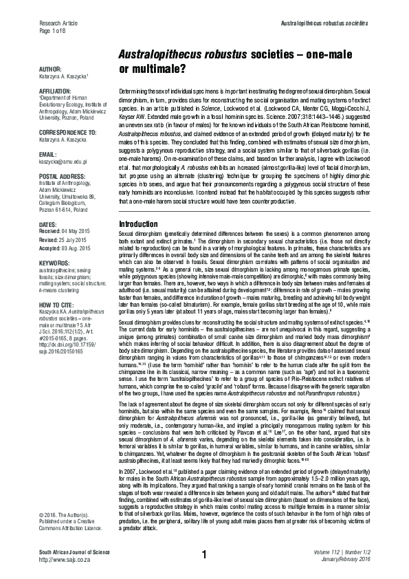 (PDF) Australopithecus robustus societies – one-male or multimale?