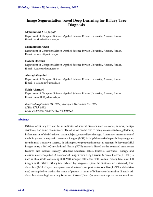 (PDF) Image Segmentation based Deep Learning for Biliary Tree Diagnosis