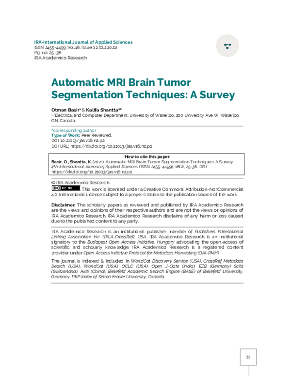 (PDF) Automatic MRI Brain Tumor Segmentation Techniques: A Survey