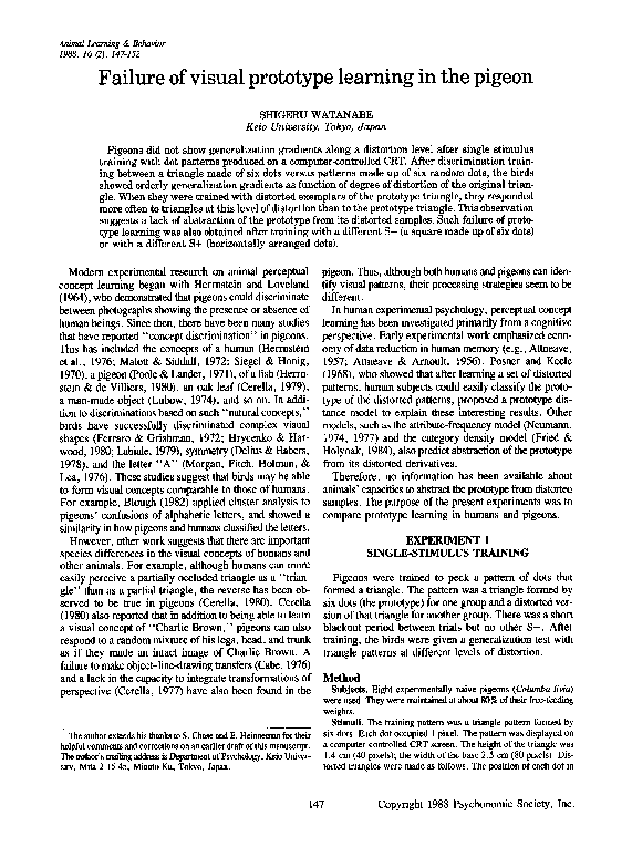 (PDF) Failure of visual prototype learning in the pigeon