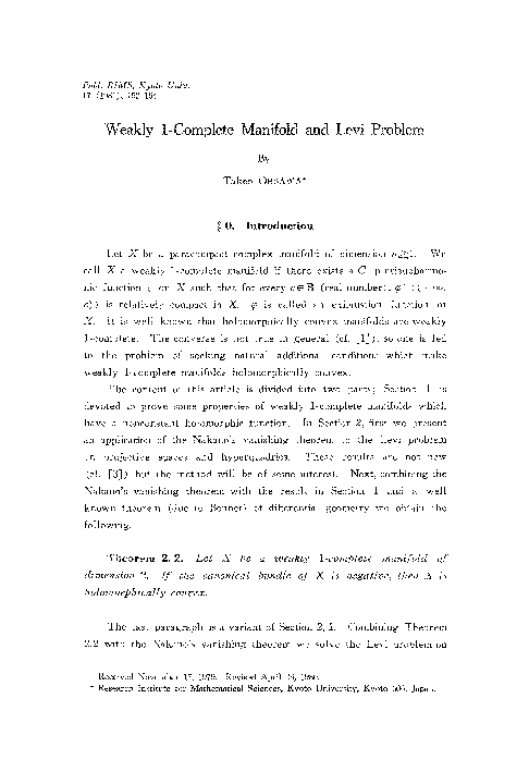 (PDF) Weakly {1}-complete manifold and Levi problem