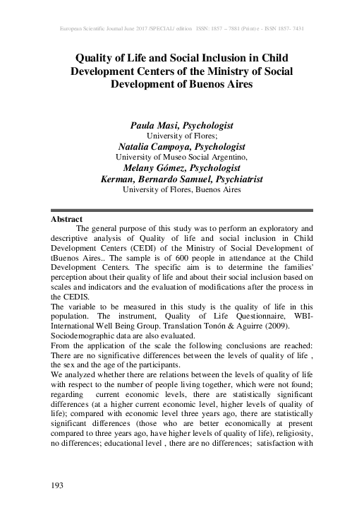 (PDF) Quality of Life and Social Inclusion in Child Development Centers ...