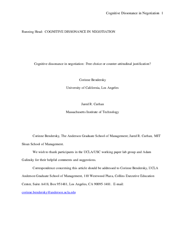 (PDF) Cognitive Dissonance in Negotiation: Free Choice or Counter ...