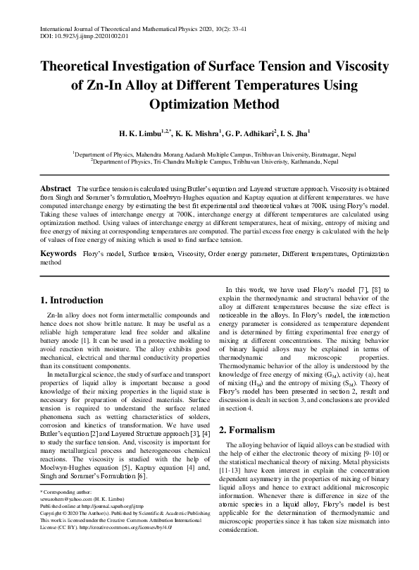 (PDF) Theoretical Investigation of Surface Tension and Viscosity of Zn ...