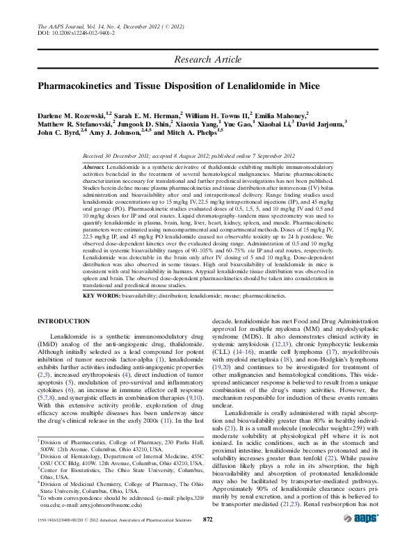 (PDF) Pharmacokinetics and Tissue Disposition of Lenalidomide in Mice