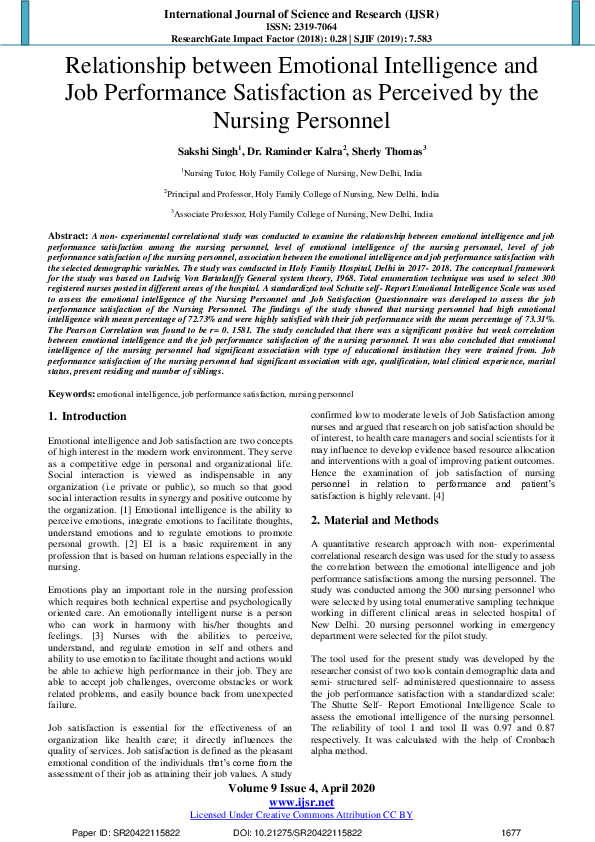 (PDF) Relationship between Emotional Intelligence and Job Performance ...