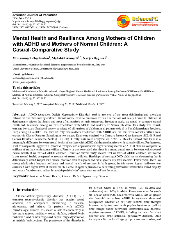 (PDF) Mental Health and Resilience Among Mothers of Children with ADHD ...